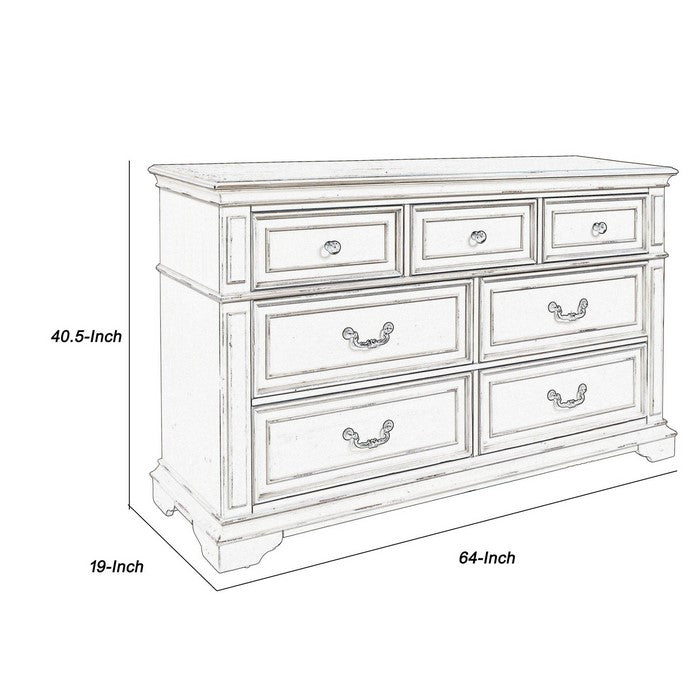7 Drawer Wooden Dresser with Metal Handles and Molded Details, White