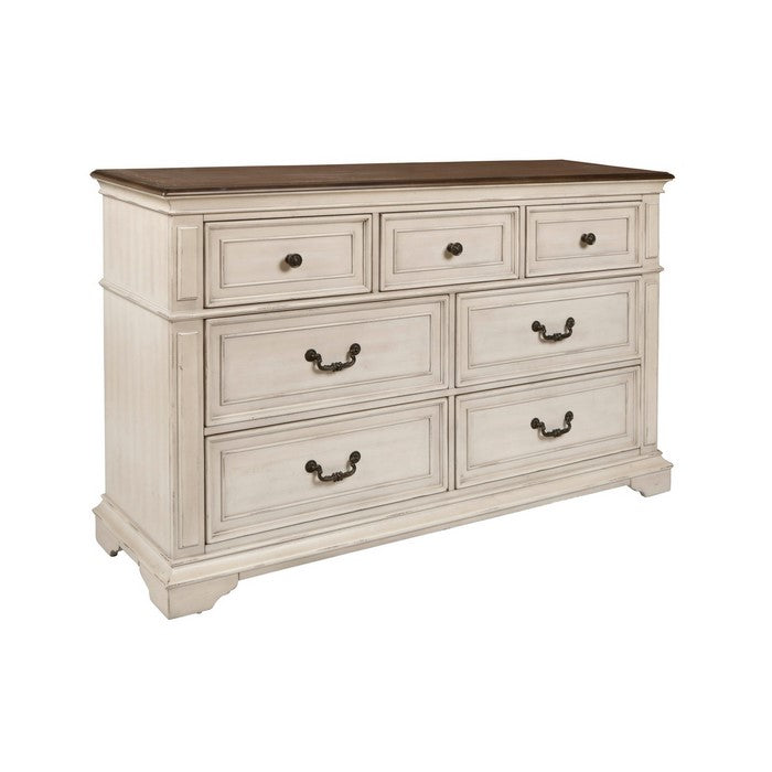 7 Drawer Wooden Dresser with Metal Handles and Molded Details, White