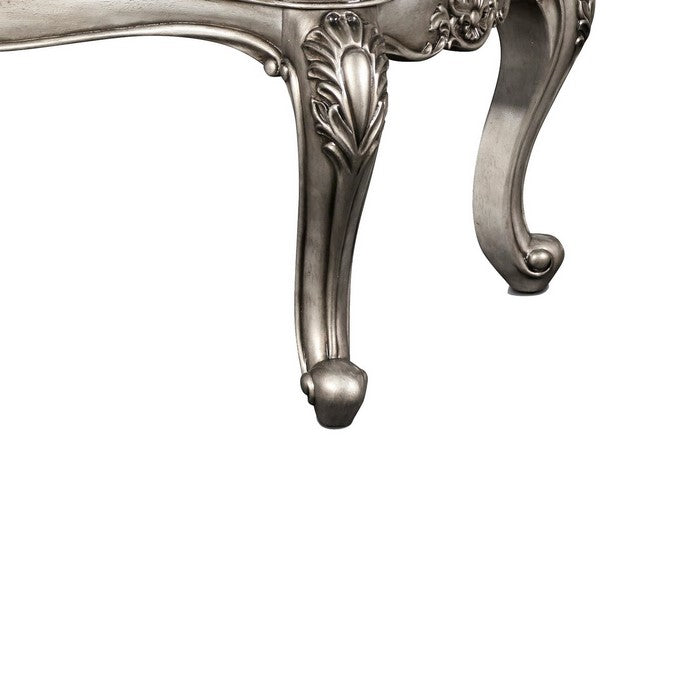Wooden Cocktail Table with Marble Top and Carved Details, Gray