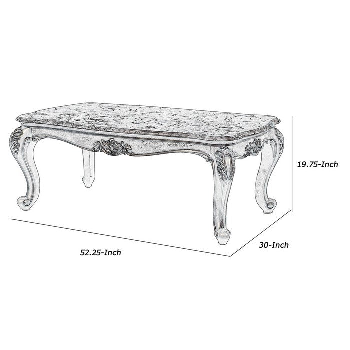 Wooden Cocktail Table with Marble Top and Carved Details, Gray