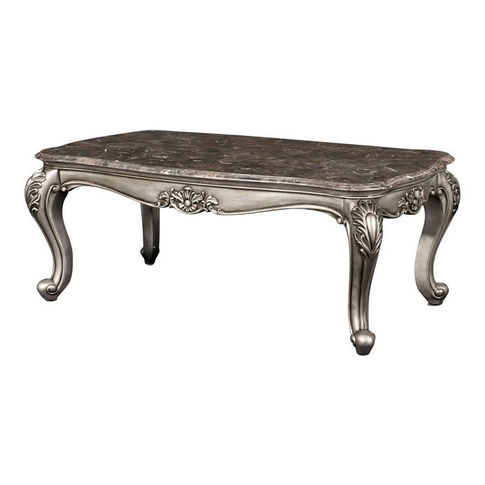Wooden Cocktail Table with Marble Top and Carved Details, Gray
