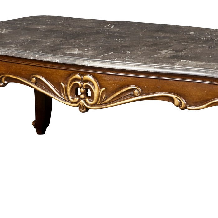 Wooden Cocktail Table with Marble Top and Carved Details, Gray and Brown