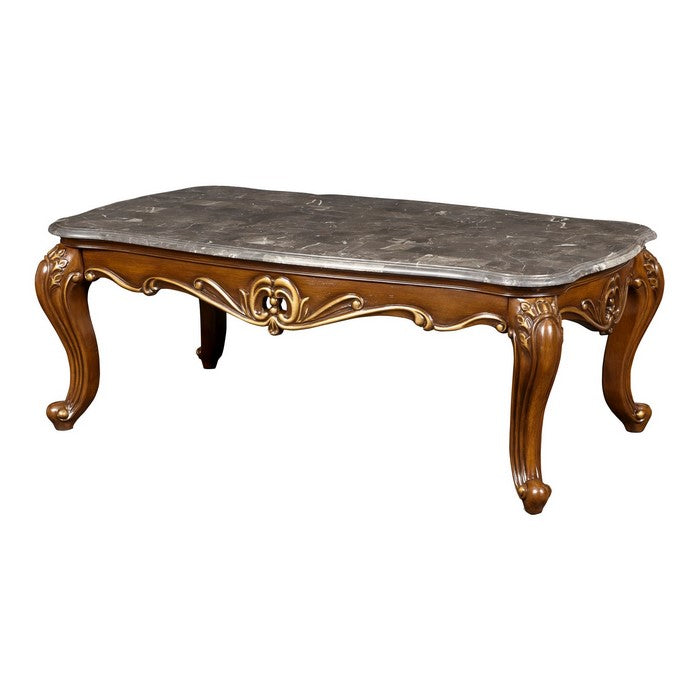Wooden Cocktail Table with Marble Top and Carved Details, Gray and Brown