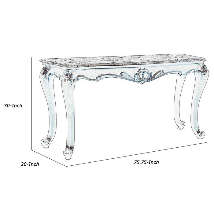 Wooden Console Table with Marble Top and Carved Details, Gray and Brown