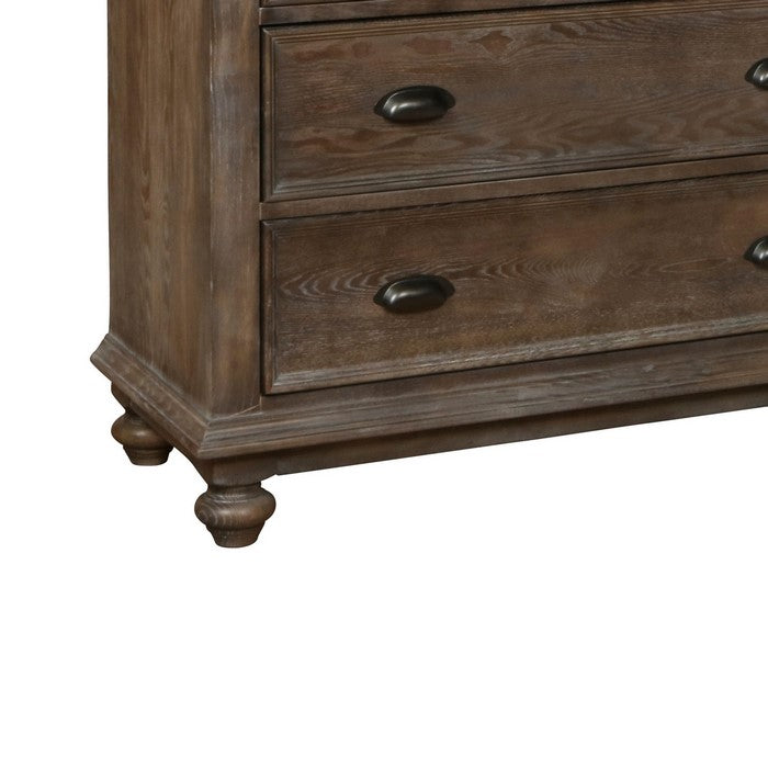 Transitional Style Wooden Chest with 6 Drawers and Turned Feet, Brown