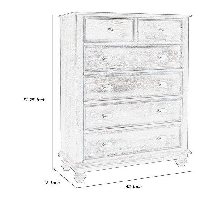 Transitional Style Wooden Chest with 6 Drawers and Turned Feet, Brown
