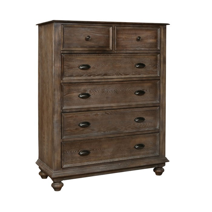 Transitional Style Wooden Chest with 6 Drawers and Turned Feet, Brown