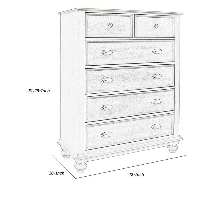 Transitional Style Wooden Chest with 6 Drawers and Turned Feet, White