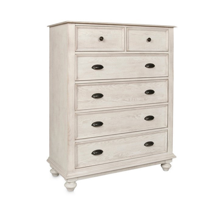 Transitional Style Wooden Chest with 6 Drawers and Turned Feet, White