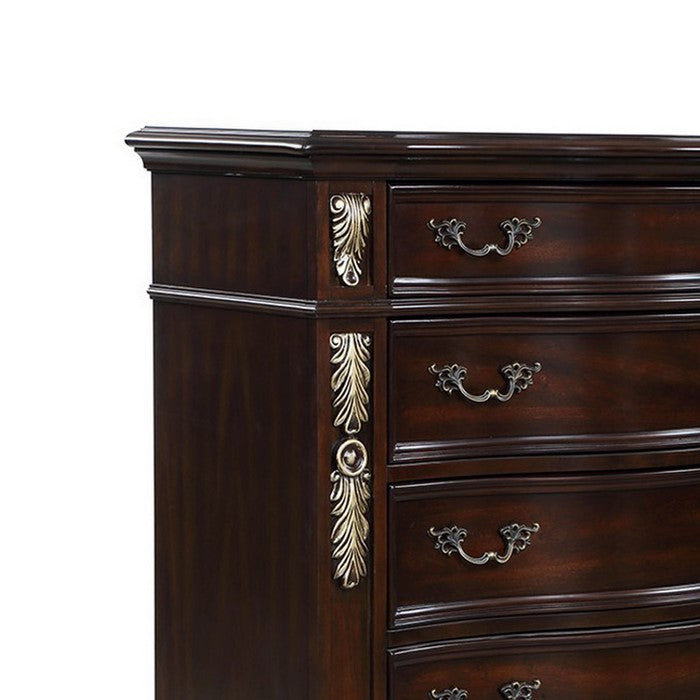 Six Drawer Wooden Chest with Antique Metal Handles and Bun Feet, Brown