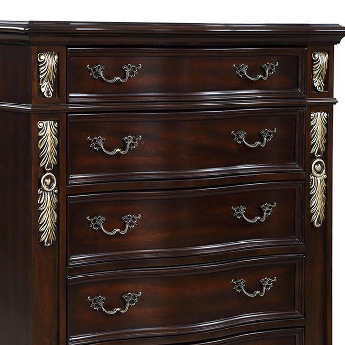 Six Drawer Wooden Chest with Antique Metal Handles and Bun Feet, Brown