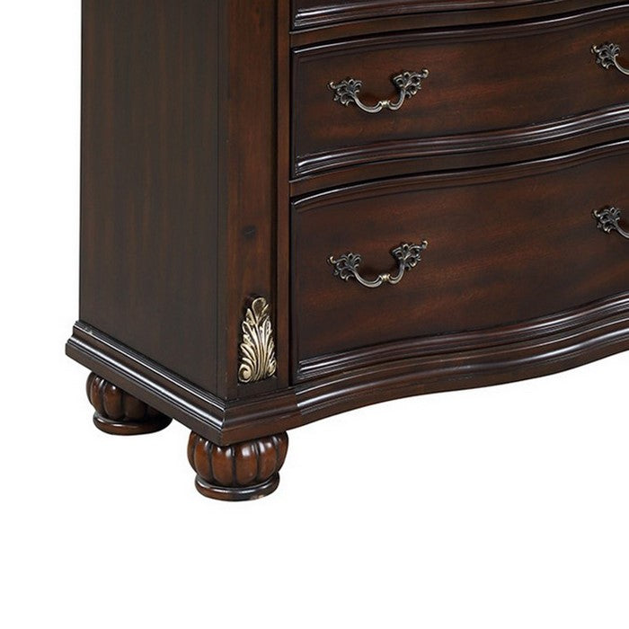 Six Drawer Wooden Chest with Antique Metal Handles and Bun Feet, Brown