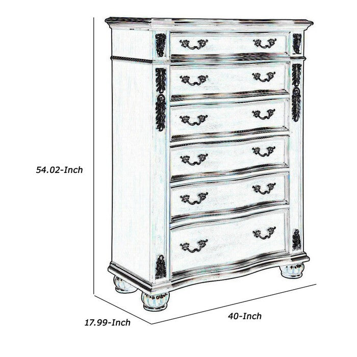 Six Drawer Wooden Chest with Antique Metal Handles and Bun Feet, Brown