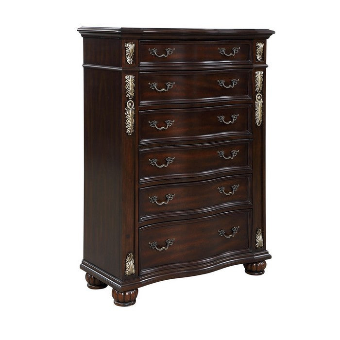 Six Drawer Wooden Chest with Antique Metal Handles and Bun Feet, Brown