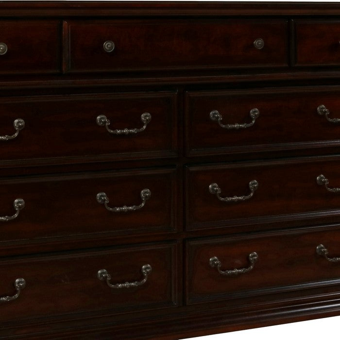 9 Drawer Wooden Dresser with Molded Details and Metal Handles, Brown