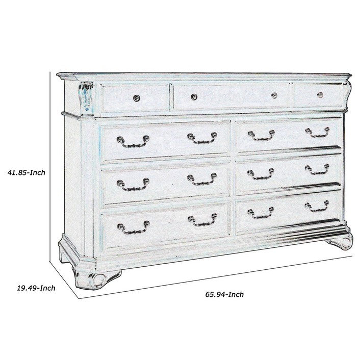 9 Drawer Wooden Dresser with Molded Details and Metal Handles, Brown