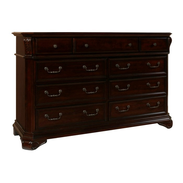 9 Drawer Wooden Dresser with Molded Details and Metal Handles, Brown