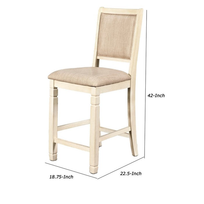 Wooden Counter Chair with Fabric Padded Back, Set of 2, Antique White