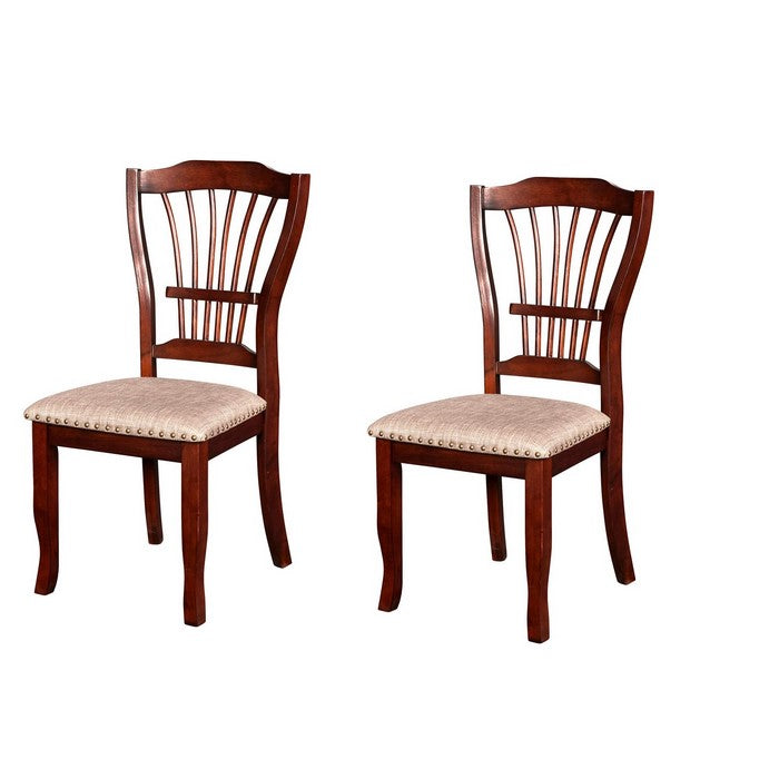 Slatted Back Wooden Dining Chair with Nailhead Trim, Set of 2, Brown