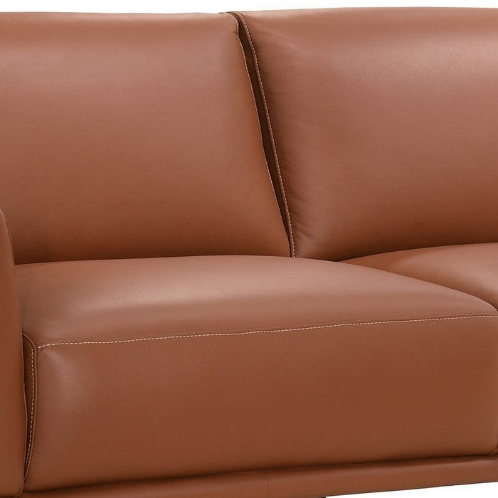 Leather Upholstered Sofa with Track Arms and Contrast Stitching, Pink