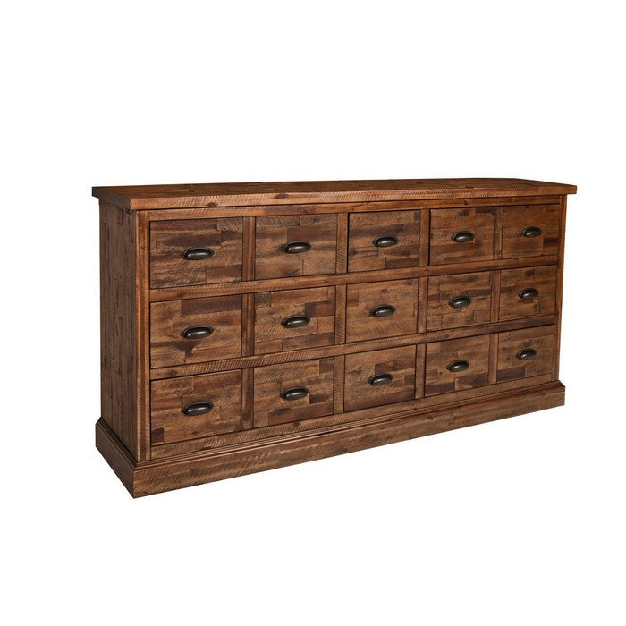 Plank Design Wooden Sideboard with 15 Drawers and Cup Pulls, Brown