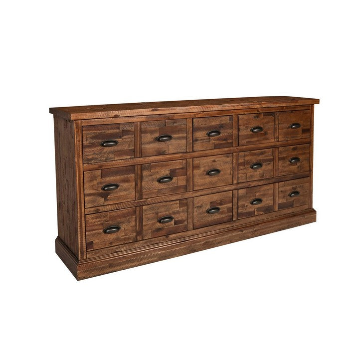 Plank Design Wooden Sideboard with 15 Drawers and Cup Pulls, Brown