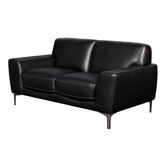 Leather Upholstered Loveseat with Track Arms and Metal Legs, Black