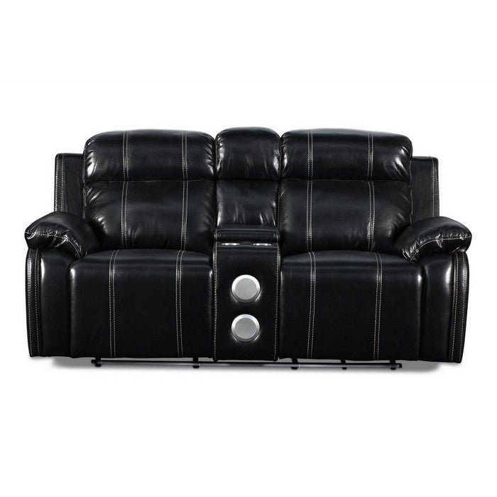 Leather Upholstered Loveseat with Console and 2 Speakers, Black