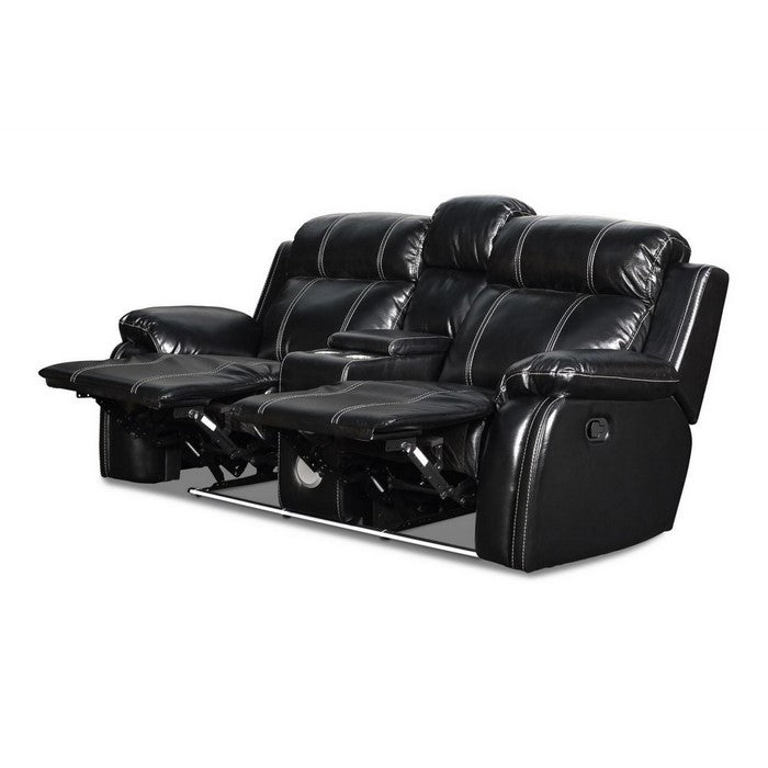 Leather Upholstered Loveseat with Console and 2 Speakers, Black