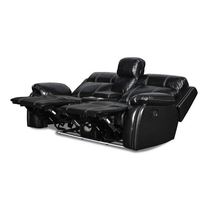 Leather Upholstered Loveseat with Console and 2 Speakers, Black