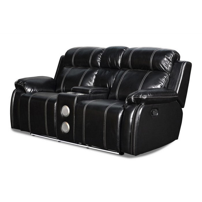 Leather Upholstered Loveseat with Console and 2 Speakers, Black