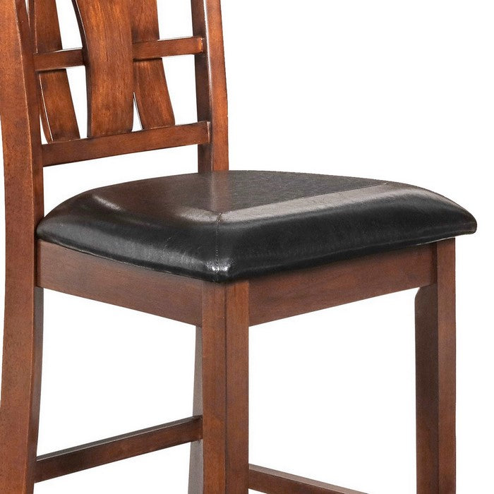 Bulged Wooden Backrest Counter Chair with Leatherette Seat, Brown and Black