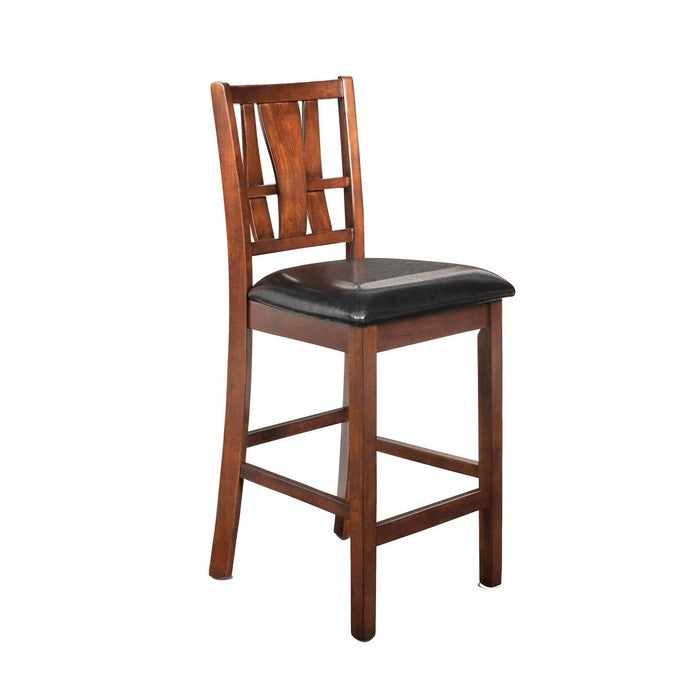 Bulged Wooden Backrest Counter Chair with Leatherette Seat, Brown and Black