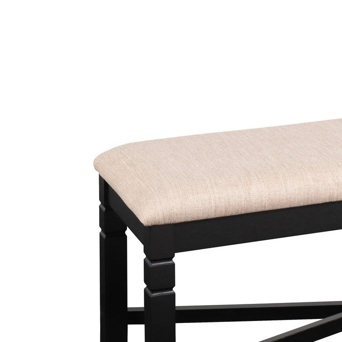 Fabric Dining Bench with Turned Legs and X Shaped Support, Beige and Black