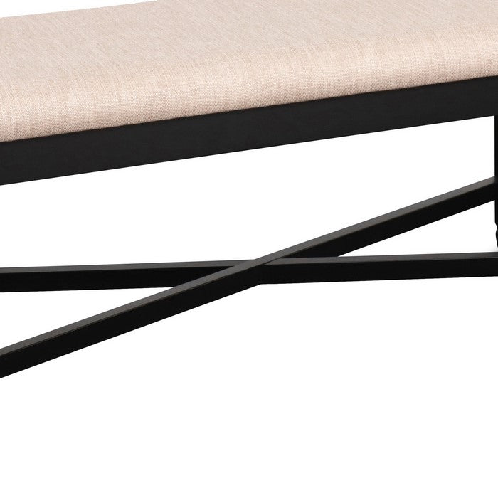 Fabric Dining Bench with Turned Legs and X Shaped Support, Beige and Black