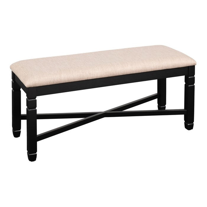 Fabric Dining Bench with Turned Legs and X Shaped Support, Beige and Black