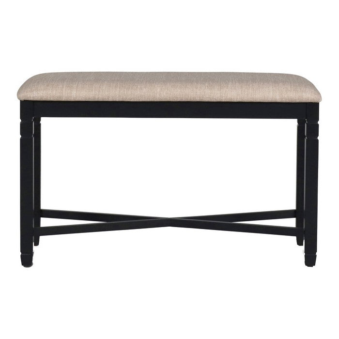 Fabric Counter Bench with Turned Legs and X Shaped Support, Beige and Black