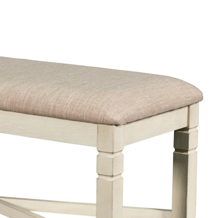 Fabric Dining Bench with Turned Legs and X Shaped Support, Beige and White