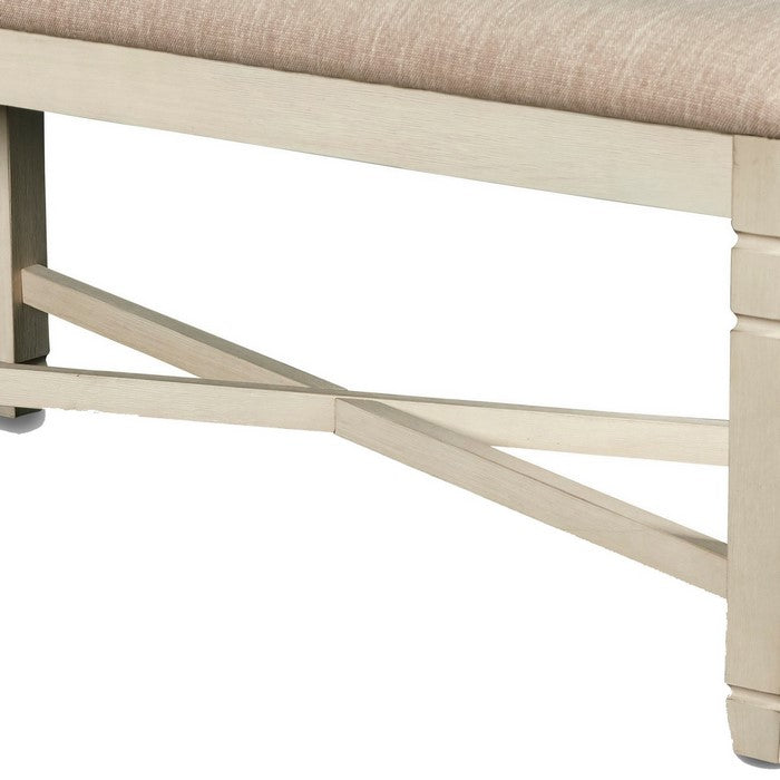 Fabric Dining Bench with Turned Legs and X Shaped Support, Beige and White