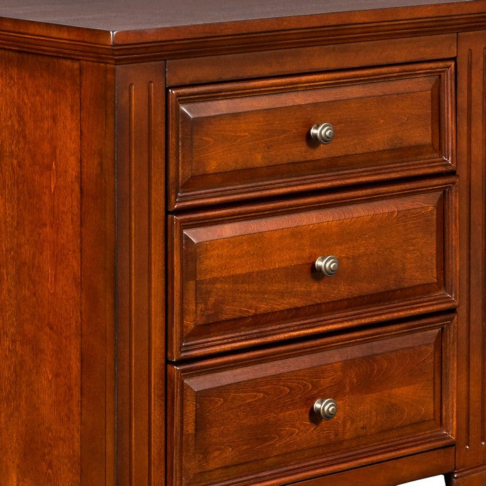 3 Drawer Nightstand with Bonnet Top and Fluted Posts, Oak Brown