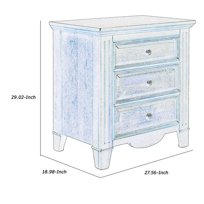 3 Drawer Nightstand with Bonnet Top and Fluted Posts, Oak Brown