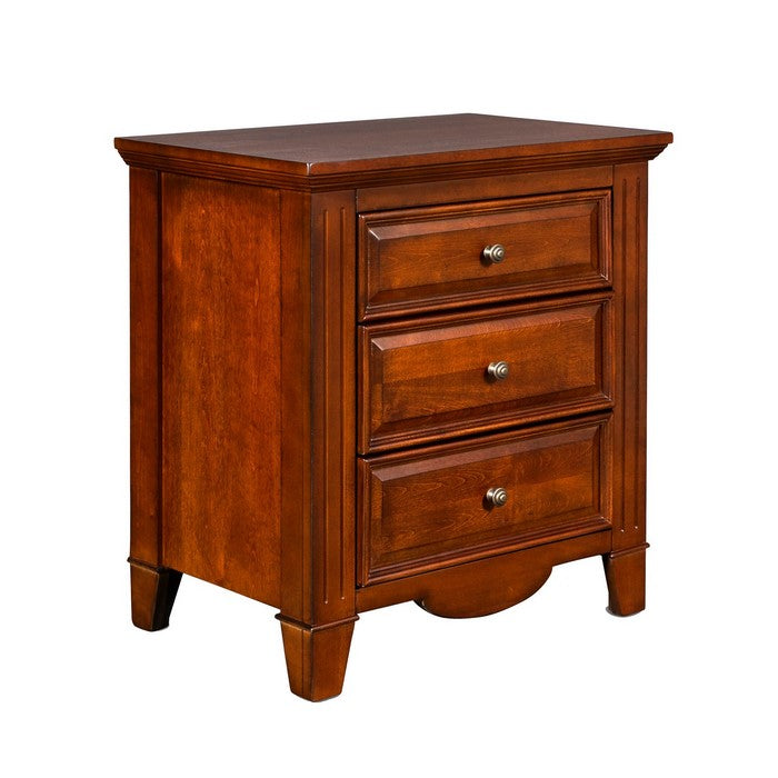 3 Drawer Nightstand with Bonnet Top and Fluted Posts, Oak Brown