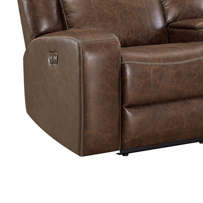 Leatherette Power Recliner Loveseat with Console and Cup Holder, Brown