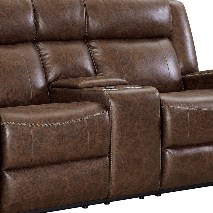 Leatherette Power Recliner Loveseat with Console and Cup Holder, Brown