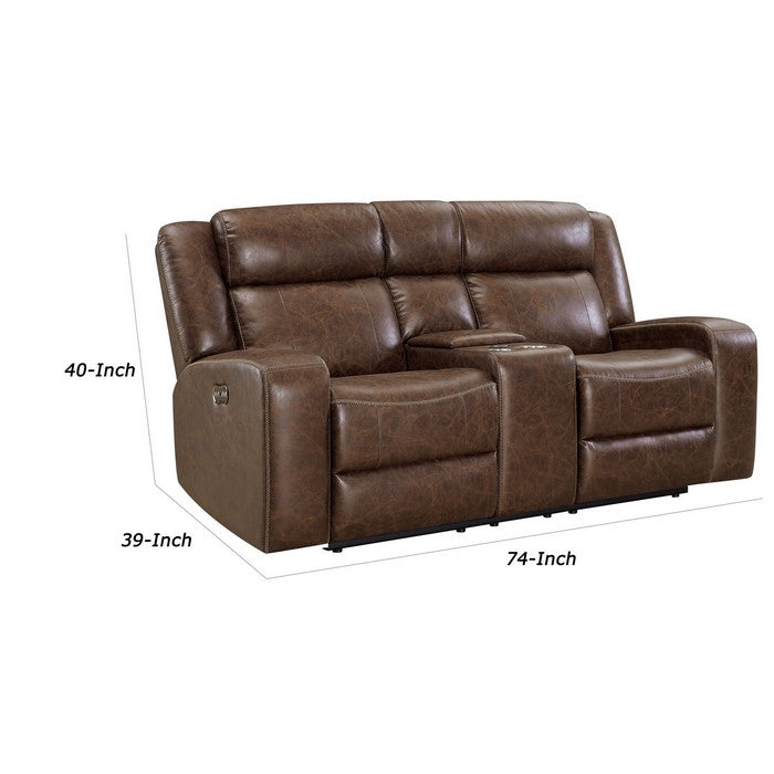 Leatherette Power Recliner Loveseat with Console and Cup Holder, Brown