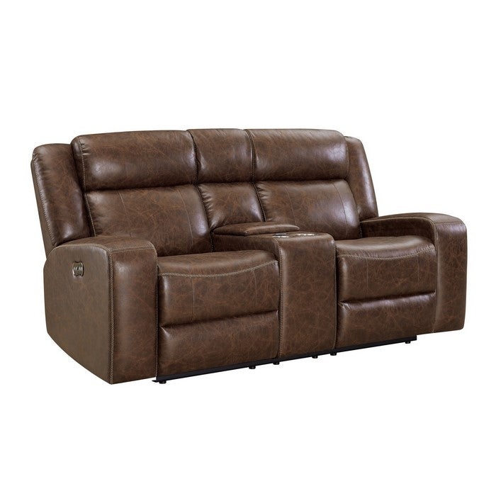 Leatherette Power Recliner Loveseat with Console and Cup Holder, Brown
