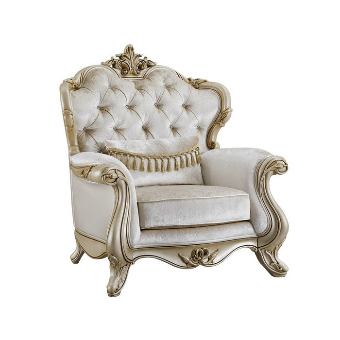Crown Top Button Tufted Wingback Fabric Chair with Rolled Arms, White
