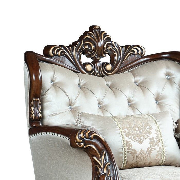 Button Tufted Wingback Chair with Crown Top and Carvings, Brown and Beige