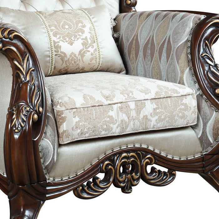 Button Tufted Wingback Chair with Crown Top and Carvings, Brown and Beige