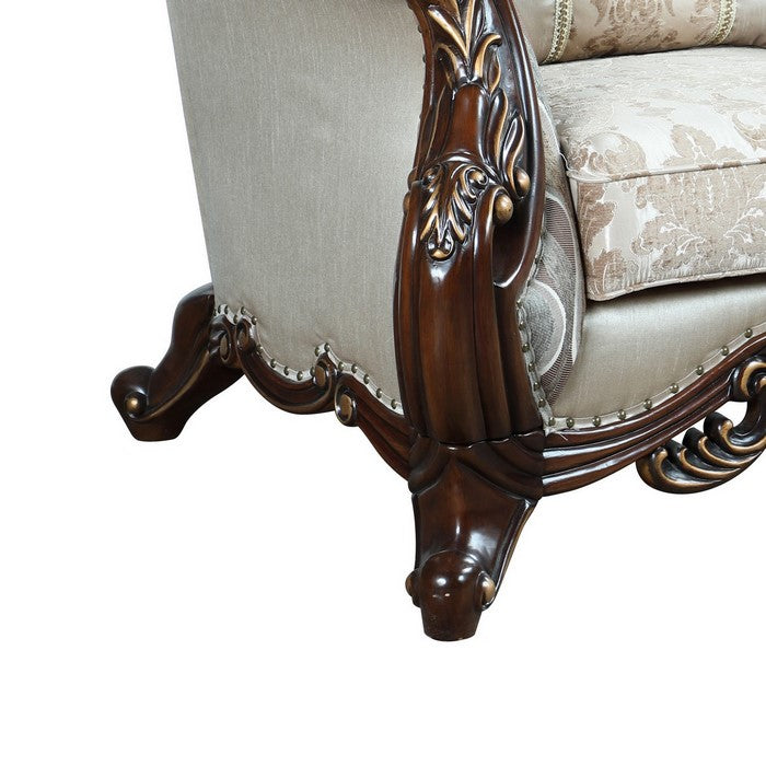 Button Tufted Wingback Chair with Crown Top and Carvings, Brown and Beige